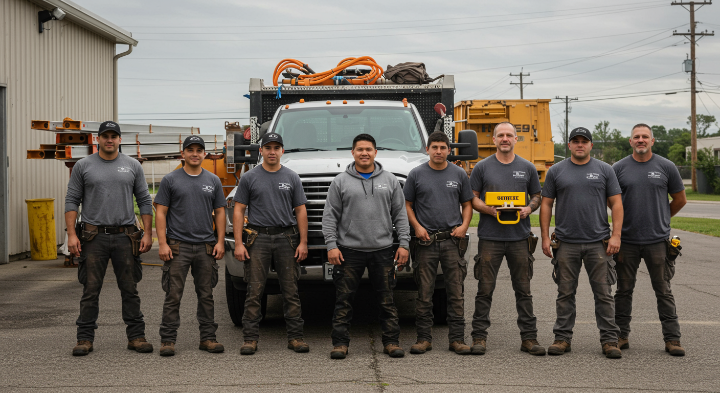 A group of local roofing contractors poses together with their tools and equipment in front of a truck, showcasing teamwork and professionalism.