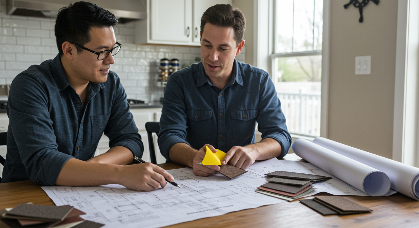 A roofing contractor is discussing plans with a homeowner at a kitchen table, with blueprints and samples of roofing materials spread out. Both appear engaged and happy.