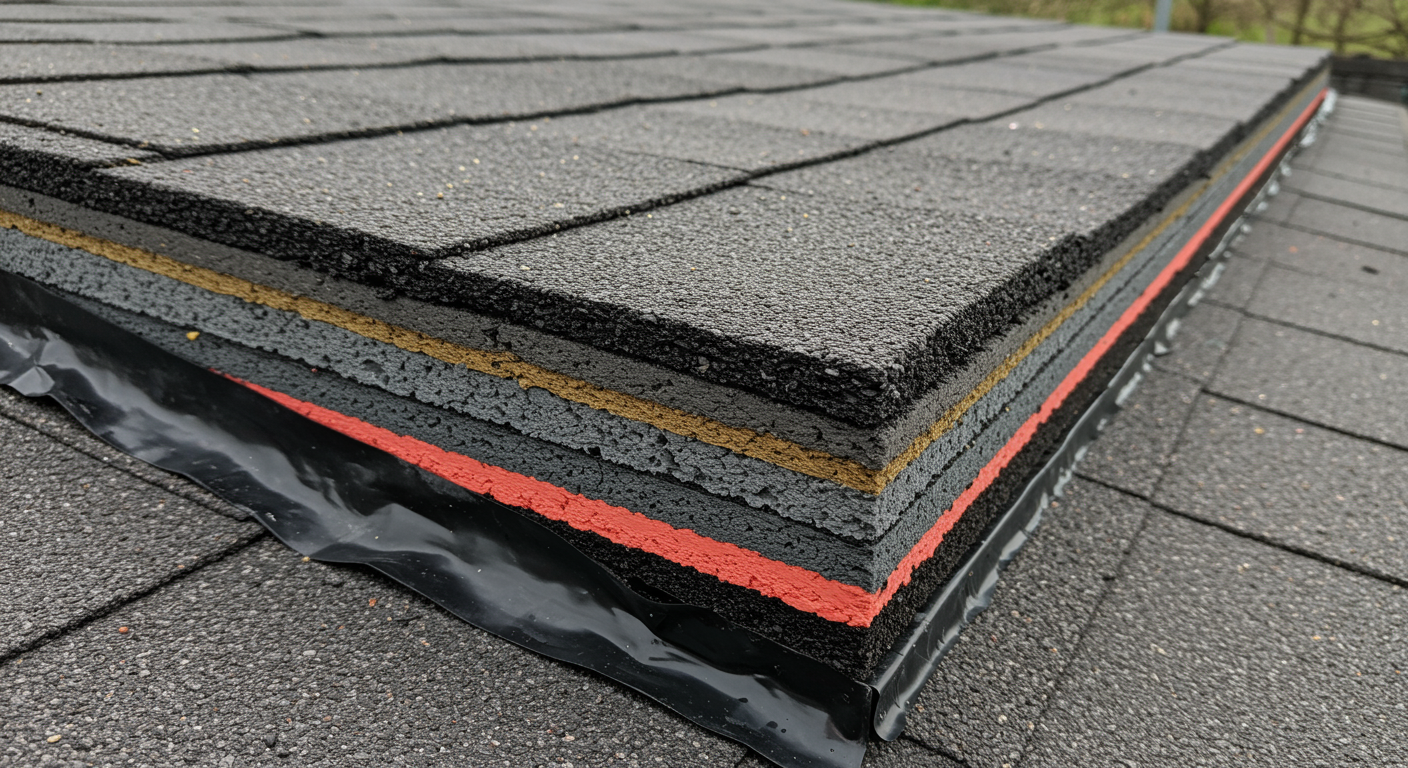 A close-up of a newly installed built-up roofing system, highlighting the layers and materials used. This image emphasizes quality and craftsmanship in roofing.