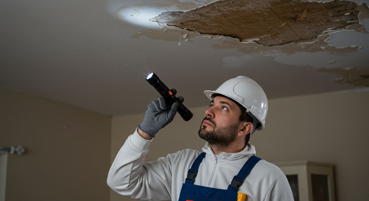 A skilled contractor inspecting a ceiling for leaks, using a flashlight to identify water damage. The setting is a cozy living room with visible signs of a leak, such as water stains on the ceiling.