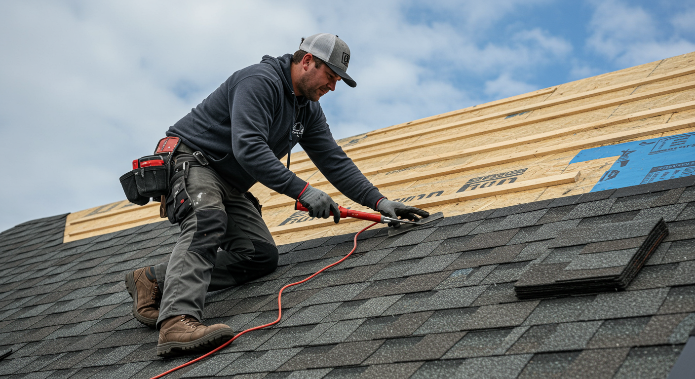 A skilled roofer is seen installing shingles on a new roof, showcasing the precision and care involved in the process.