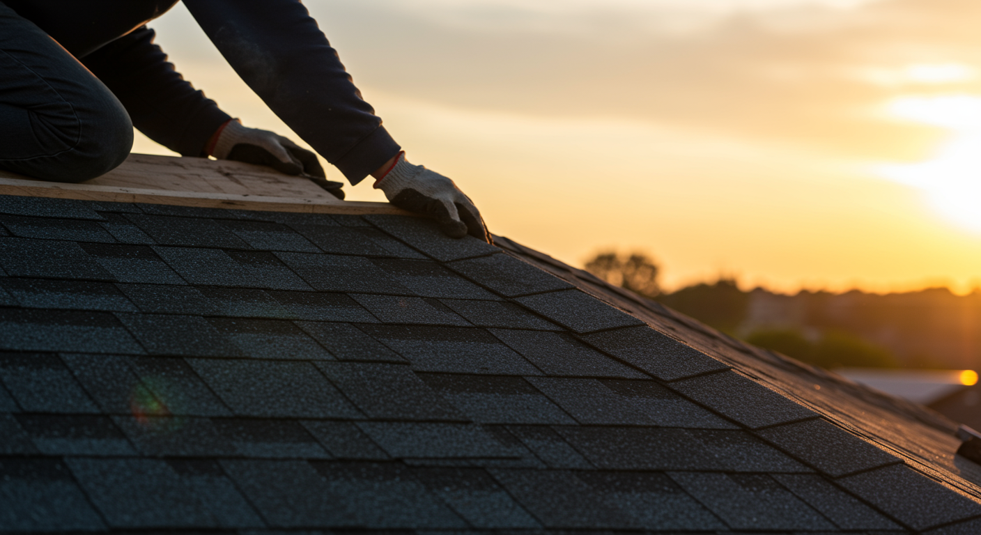 A close-up of a roofer installing shingles on a roof, with a focus on the craftsmanship and attention to detail, with the sun setting in the background.