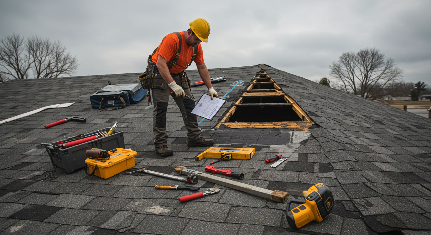 A roofer assessing storm damage on a roof, with tools and materials ready for repair. The image conveys urgency and professionalism, emphasizing the importance of emergency services.