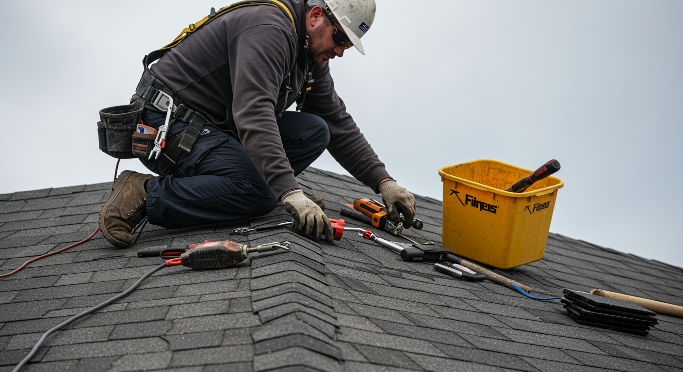 A professional roofing contractor is seen repairing a roof, showcasing tools and materials. The focus is on the contractor's expertise and the quality of work.
