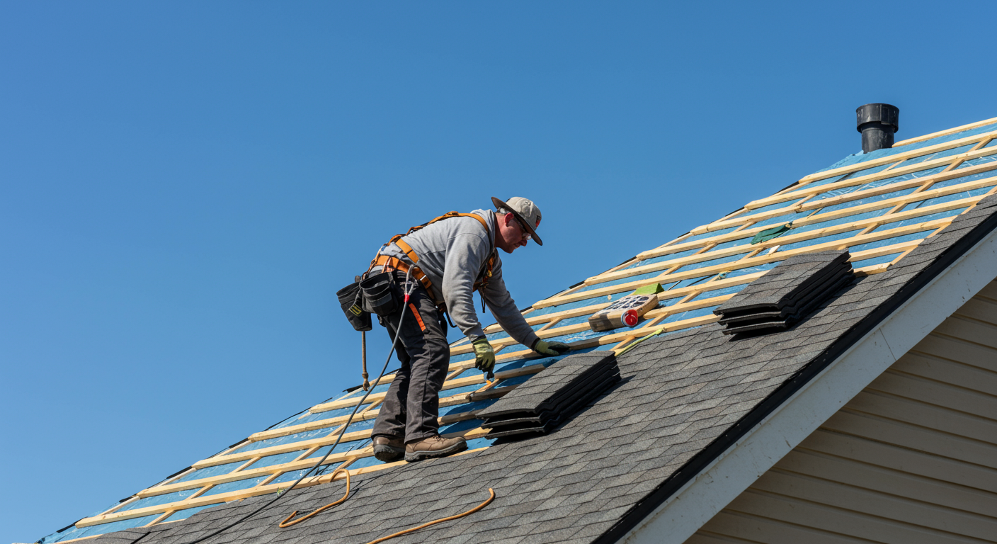 A skilled roofer working on a residential roof, showcasing the installation of shingles under a clear blue sky.