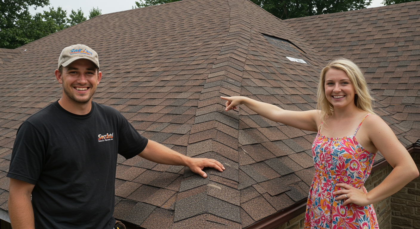 A local roofer standing proudly in front of a completed roofing project, with a satisfied homeowner nearby.