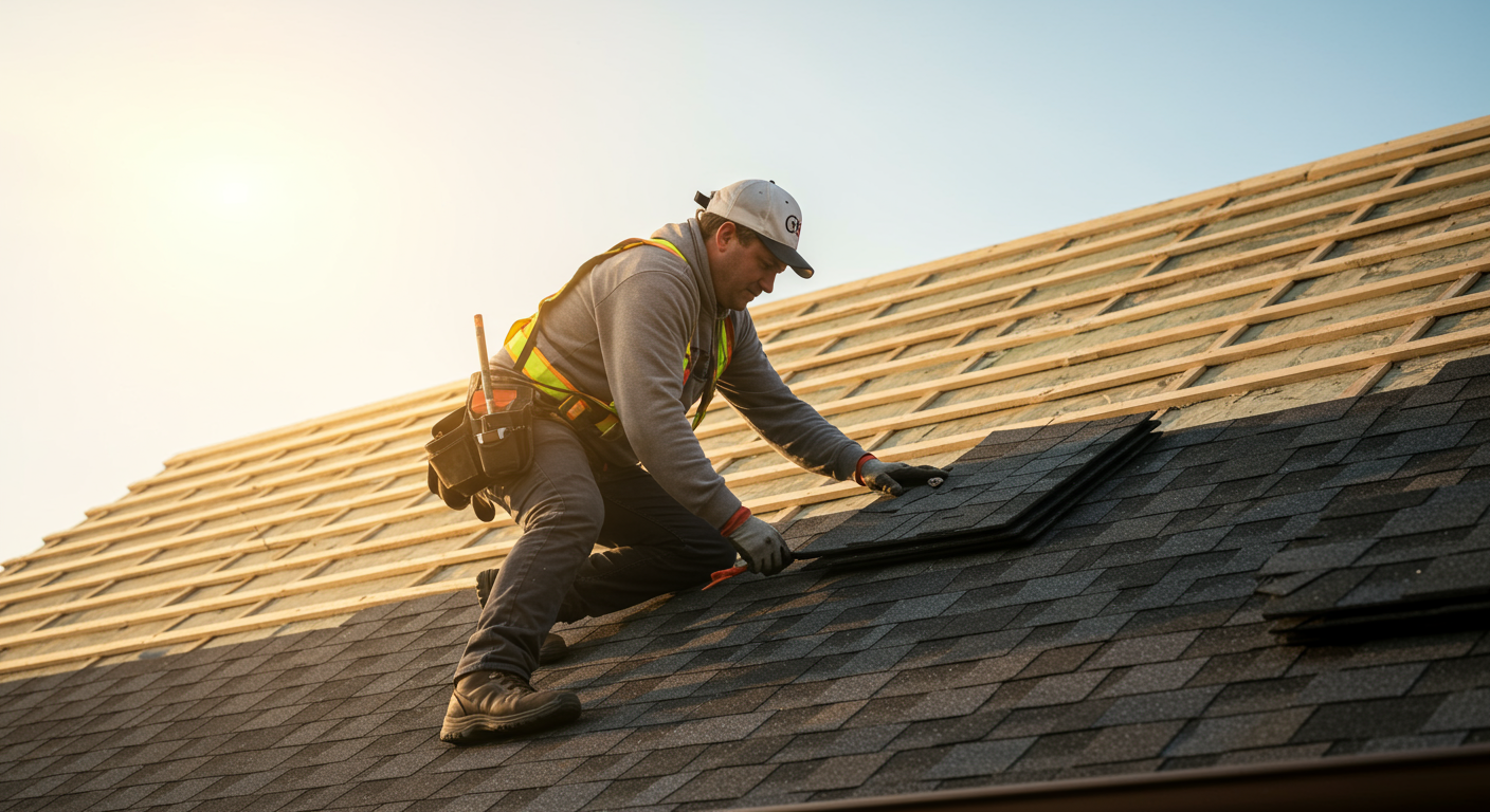 A skilled roofer installing shingles on a residential home, showcasing the craftsmanship and attention to detail. The sun is shining, creating a warm and inviting atmosphere.