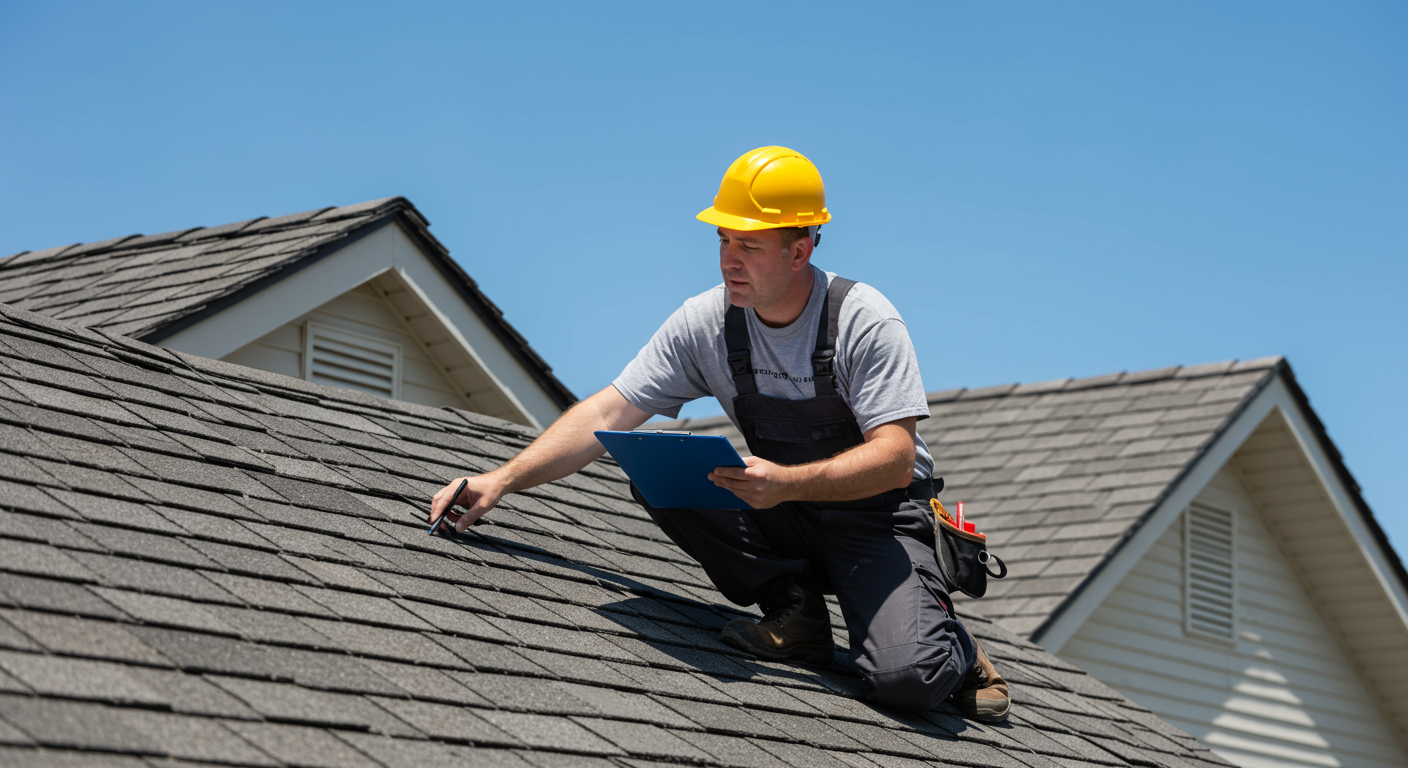 A professional roofer inspecting a roof with a clipboard, demonstrating the assessment and planning phase of roofing jobs. The setting includes a clear blue sky and a well-maintained home.