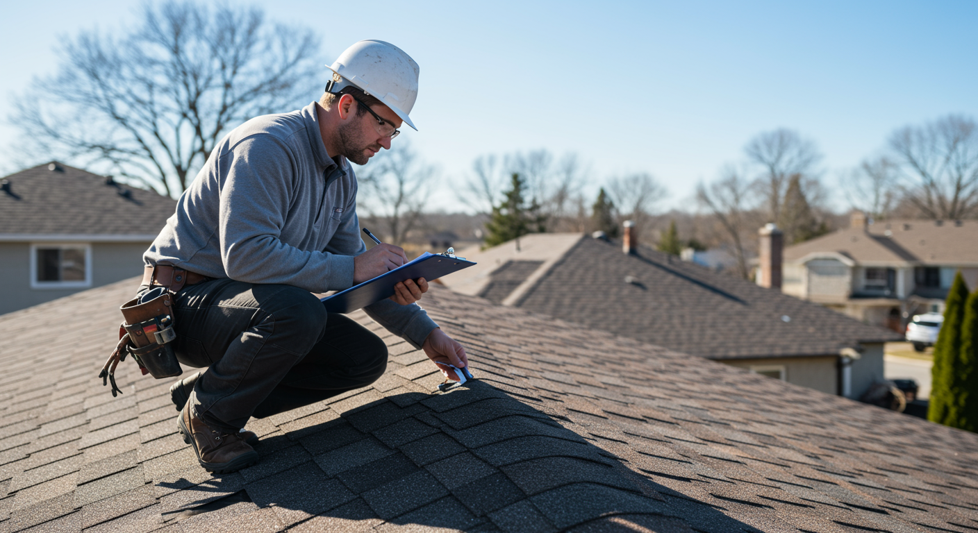 A professional roofer inspecting a residential roof with a clipboard in hand, looking for potential issues. The setting includes a clear blue sky and a suburban neighborhood in the background.