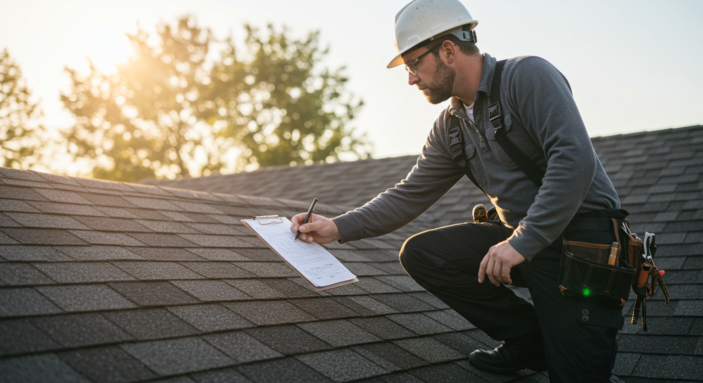A professional roofer inspecting a residential roof with a clipboard in hand, showcasing the detailed assessment process. The sun is shining, creating a bright and inviting atmosphere.
