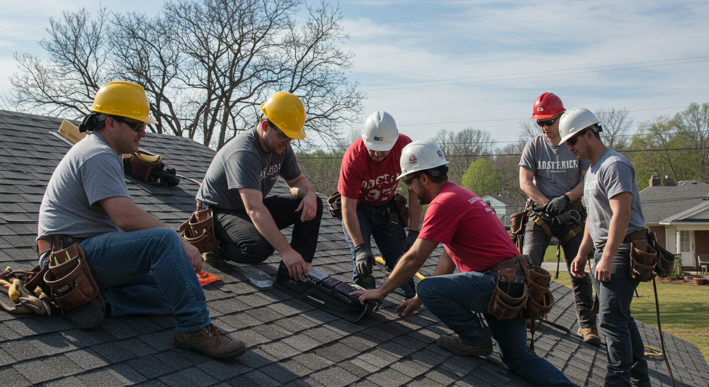 A team of roofers collaborating on a residential roof, demonstrating teamwork and professionalism. The backdrop includes a sunny Baton Rouge day, symbolizing reliability and local service.