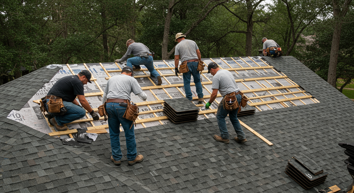A professional roofing team working on a residential home in Kenner, LA, showcasing the installation of shingles. The image captures the teamwork and craftsmanship involved in roofing.