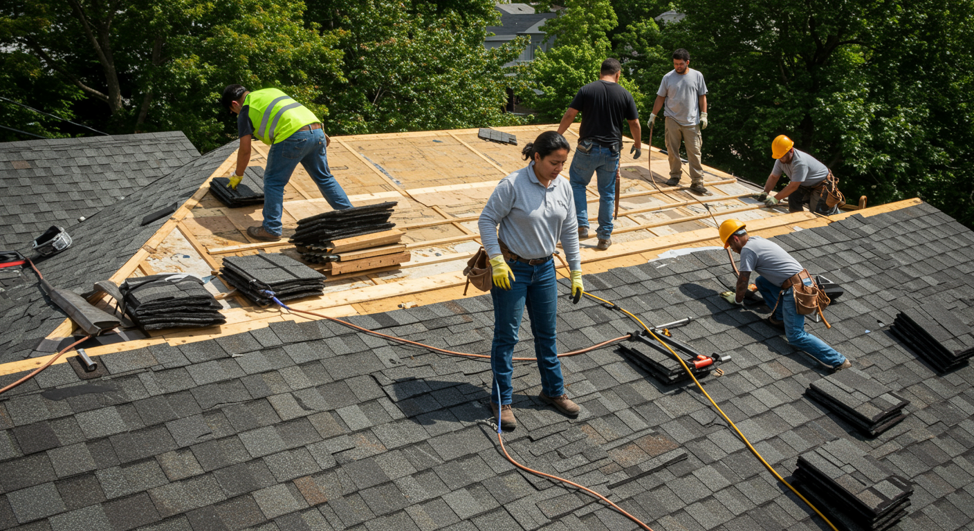 A roofing crew working together on a roof, showcasing teamwork and professionalism in the roofing industry.