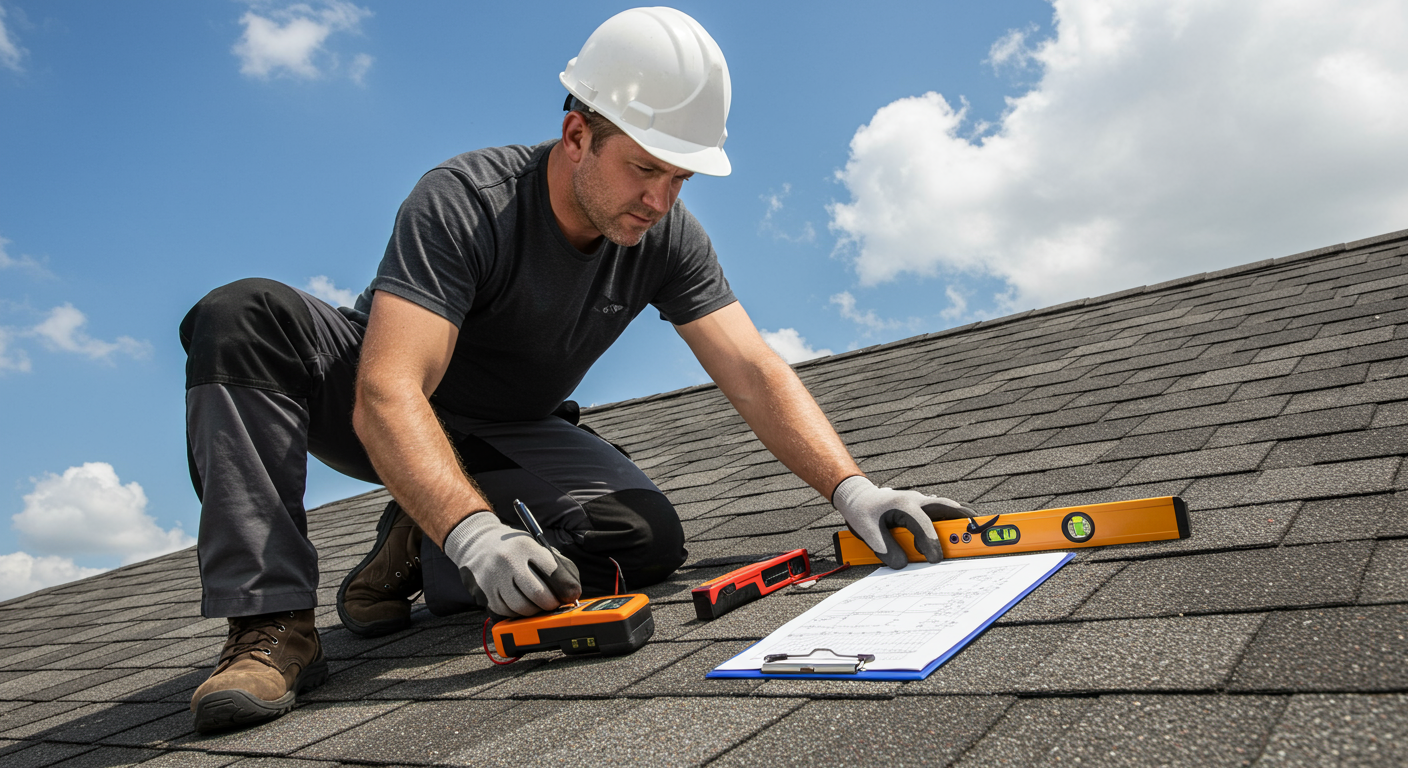 A roofing contractor conducting an inspection on a roof, using tools and taking notes, demonstrating thoroughness and professionalism.