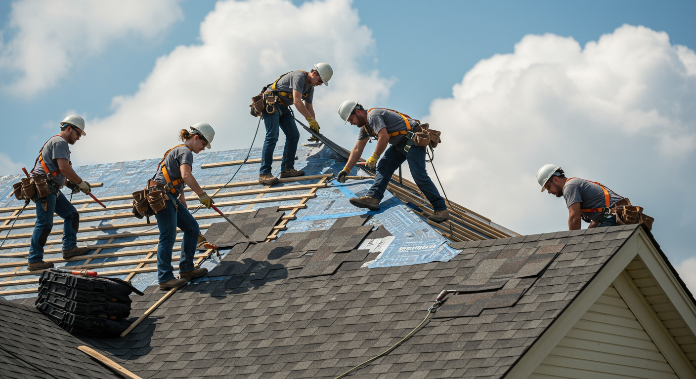 A team of professional roofers actively installing shingles on a residential home, showcasing teamwork and craftsmanship.