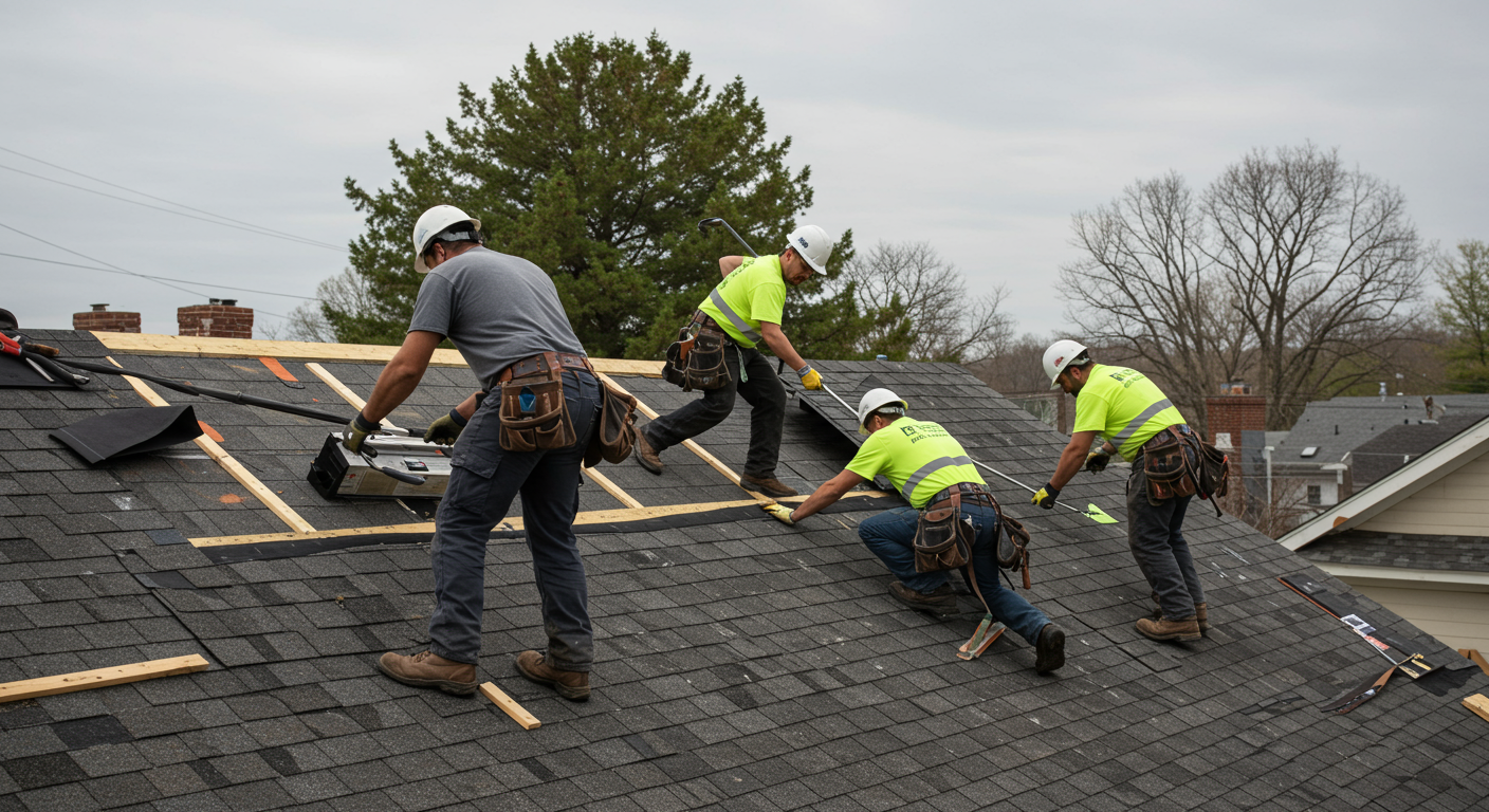 A professional roofing team working on a residential roof, showcasing high-quality materials and craftsmanship.