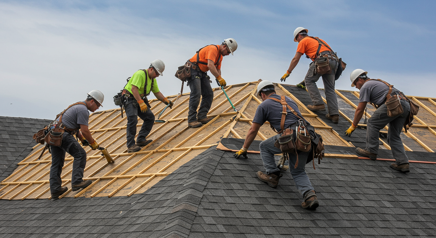 A professional roofing crew is actively working on a residential roof, showcasing teamwork and expertise.
