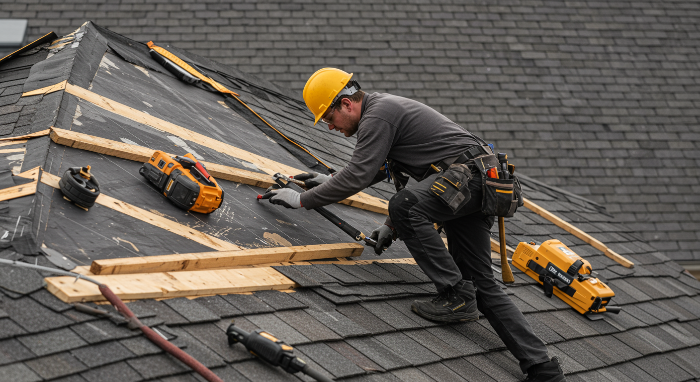 A skilled roofer is actively repairing a residential roof, showcasing the craftsmanship and attention to detail. Tools and materials are neatly arranged around the workspace.