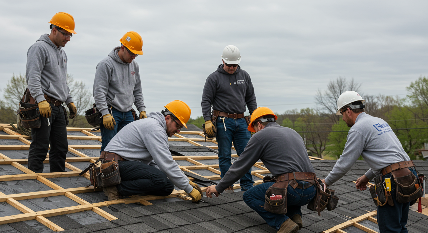 A team of roofers collaborating on a roof installation, showcasing teamwork and professionalism.