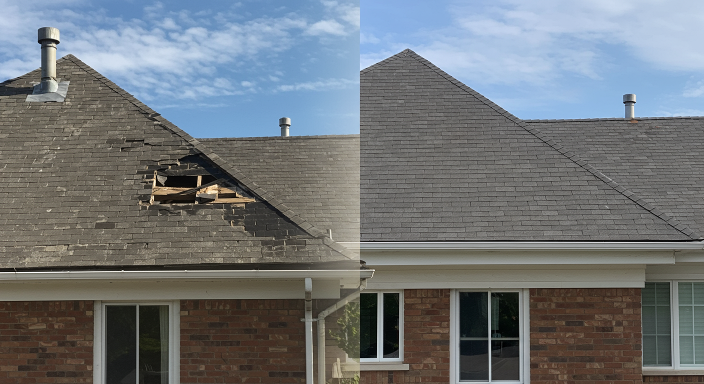 A split image showcasing a roof before and after maintenance work. The left side depicts a worn and damaged roof, while the right side displays a newly maintained roof, vibrant and visually appealing, demonstrating the effectiveness of professional services.