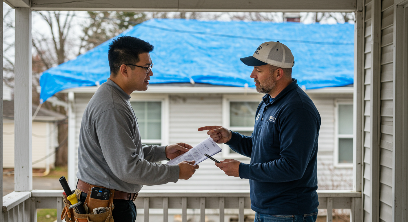 A contractor discussing repair plans with a homeowner on their front porch, with a blue tarp visible on the roof in the background. The scene conveys a sense of community support and collaboration.