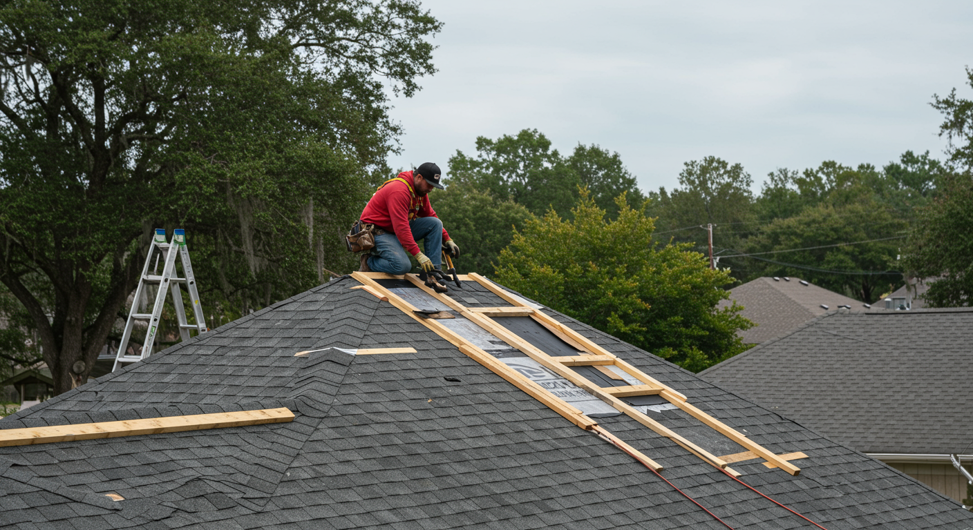 A skilled roofer is seen working diligently on a small residential roof, showcasing the craftsmanship and attention to detail. The setting includes a charming Baton Rouge neighborhood with lush trees and typical Louisiana architecture.
