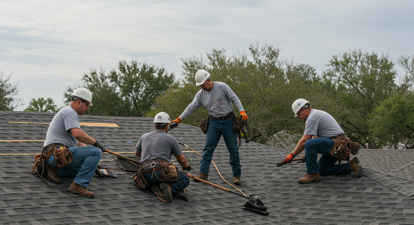 A professional roofing crew installing shingles on a house in a suburban neighborhood in Kenner, LA. The team is actively engaged in their work, showcasing teamwork and expertise.