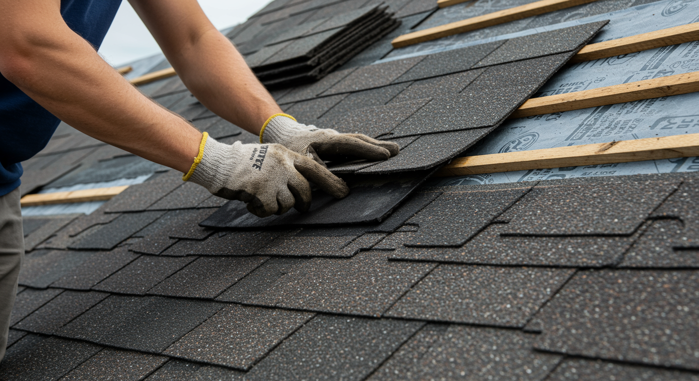 A hands-on demonstration of a roofing installation process, with a focus on the shingles being applied.